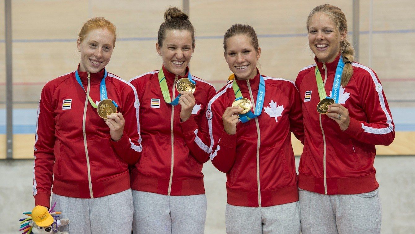 From left to right: Allison Beveridge, Laura Brown, Jasmin Glaesser and Kirsti Lay take home gold in the women's team pursuit at the Pan American Games in Toronto.