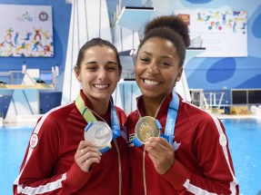 Individually, Pam Ware (left) silver medallist and Jennifer Abel gold medallist in women's 3m springboard at Toronto 2015 Pan American Games.