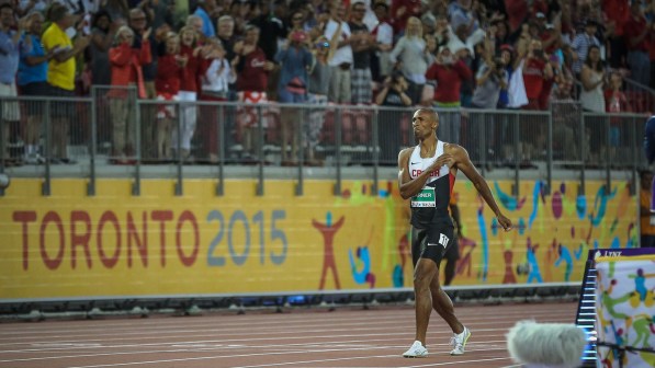 Warner after finishing the Pan Am Games decathlon 1500m in 4:24.73 and breaking the Canadian points record in the 10-event discipline. Warner needed to run 4:29.5 or faster on July 23, 2015 in Toronto.