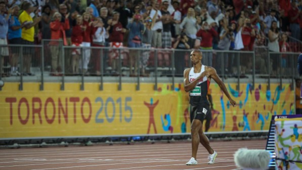 Damian Warner Warner after finishing the Pan Am Games decathlon 1500m in 4:24.73 and breaking the Canadian points record in the 10-event discipline. Warner needed to run 4:29.5 or faster on July 23, 2015 in Toronto.