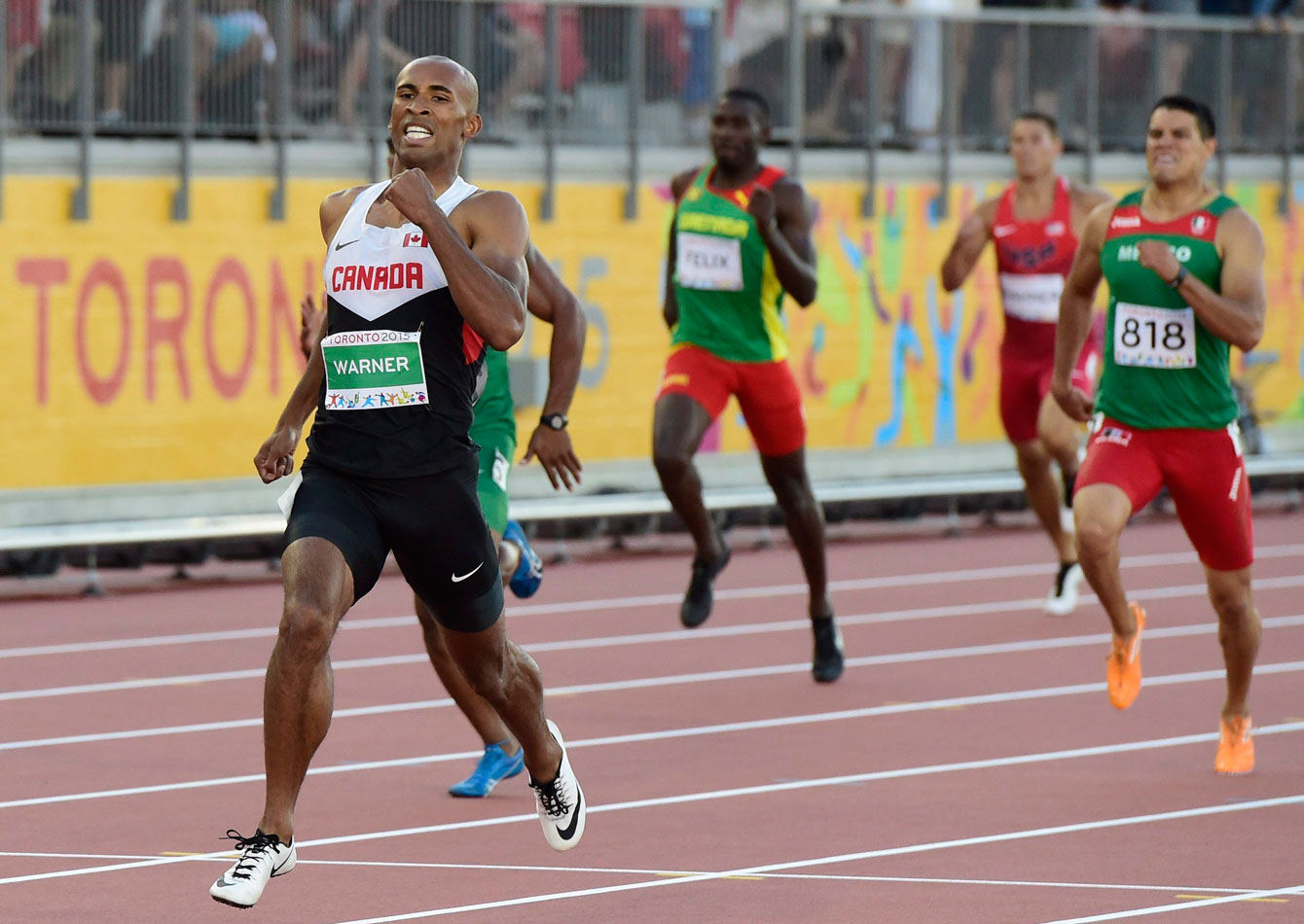 Damian Warner outruns the Pan Am Games field in 47.66 seconds in the 400m event of the decathlon on July 22, 2015. 