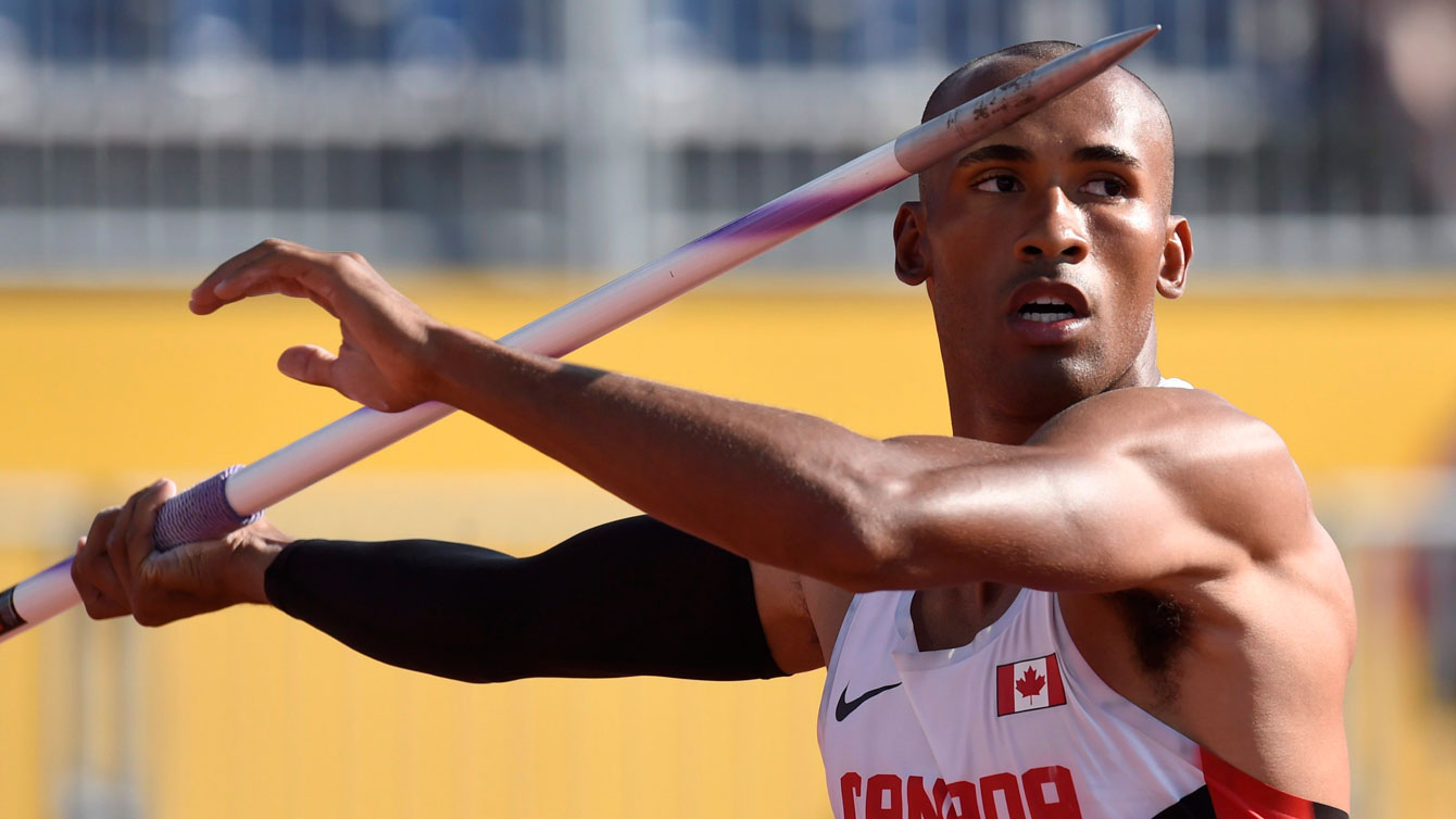 Damian Warner prepares to throw the javelin, the second-to-last event in the decathlon on July 23, 2015 at the Pan Am Games in Toronto.