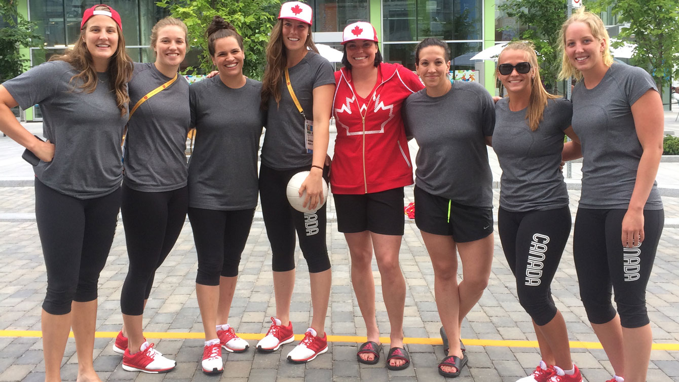Members of Water Polo Canada women's team at the Toronto 2015 Pan Am athletes' village on July 8, 2015 (Photo: Alexandra Fernando).