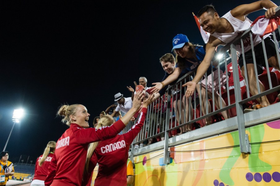 Sarah Wells - TO2015 Canada women's 4x400m team after receiving the bronze medal at 2015 Pan American Games in Toronto, Canada (COC Photo by Winston Chow).