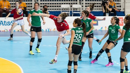 Canada's Emily Routhier takes a shot against Mexico