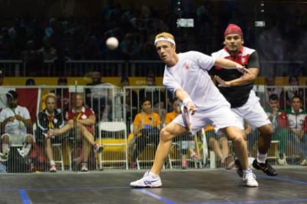 Men's Team Squash - TO2015 Canada's Andrew Schnell competes against Mexico's Eric Galvez in the men's team squash gold medal event at the 2015 Pan American Games in Toronto, Canada (COC Photo by Winston Chow).