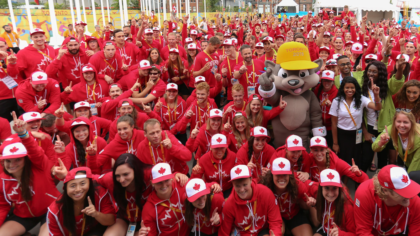 Team Canada gathers at the athletes' village welcoming with TO2015 mascot Pachi (Photo: Alexandra Fernando).