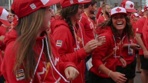 Team Canada Pan Am athletes' welcome ceremony Members of the women's field hockey team at the athletes' village opening for Toronto 2015 Pan American Games in their Hudson's Bay hoodies and ball caps from the official kit.