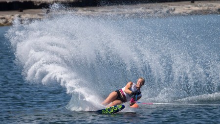 Whitney Mcclintock during preliminary slalom water skiing