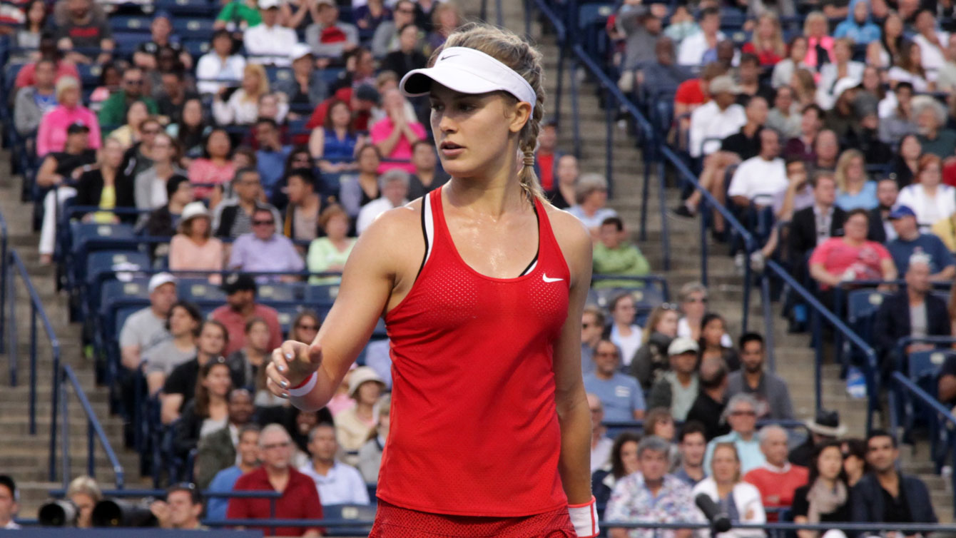 Eugenie Bouchard signals for a towel during the Rogers Cup in Toronto on August 11, 2015. 