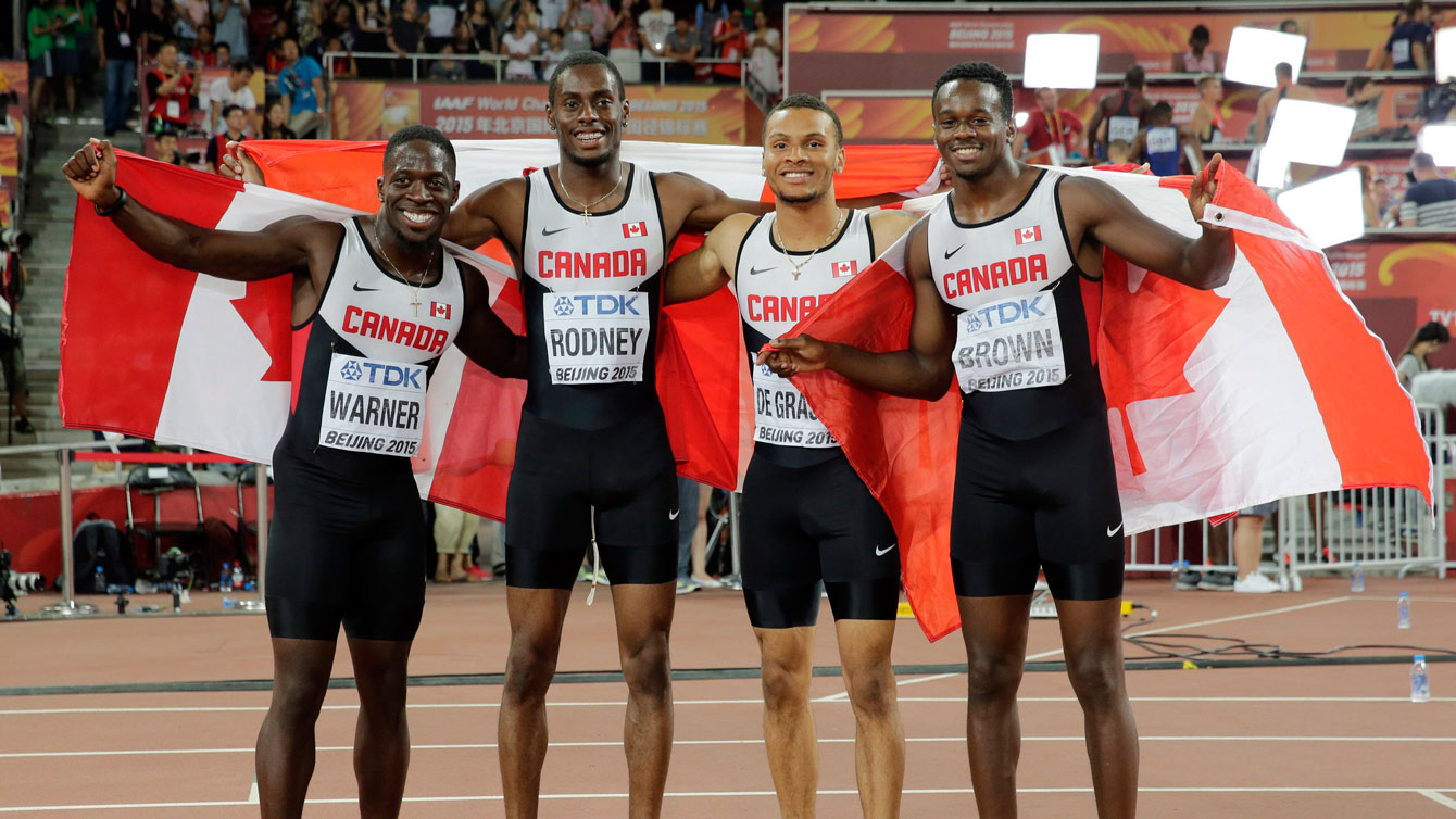 Canada after being named the bronze medallists in men's 4x100m relay at the world championships in Beijing on August 29, 2015. 