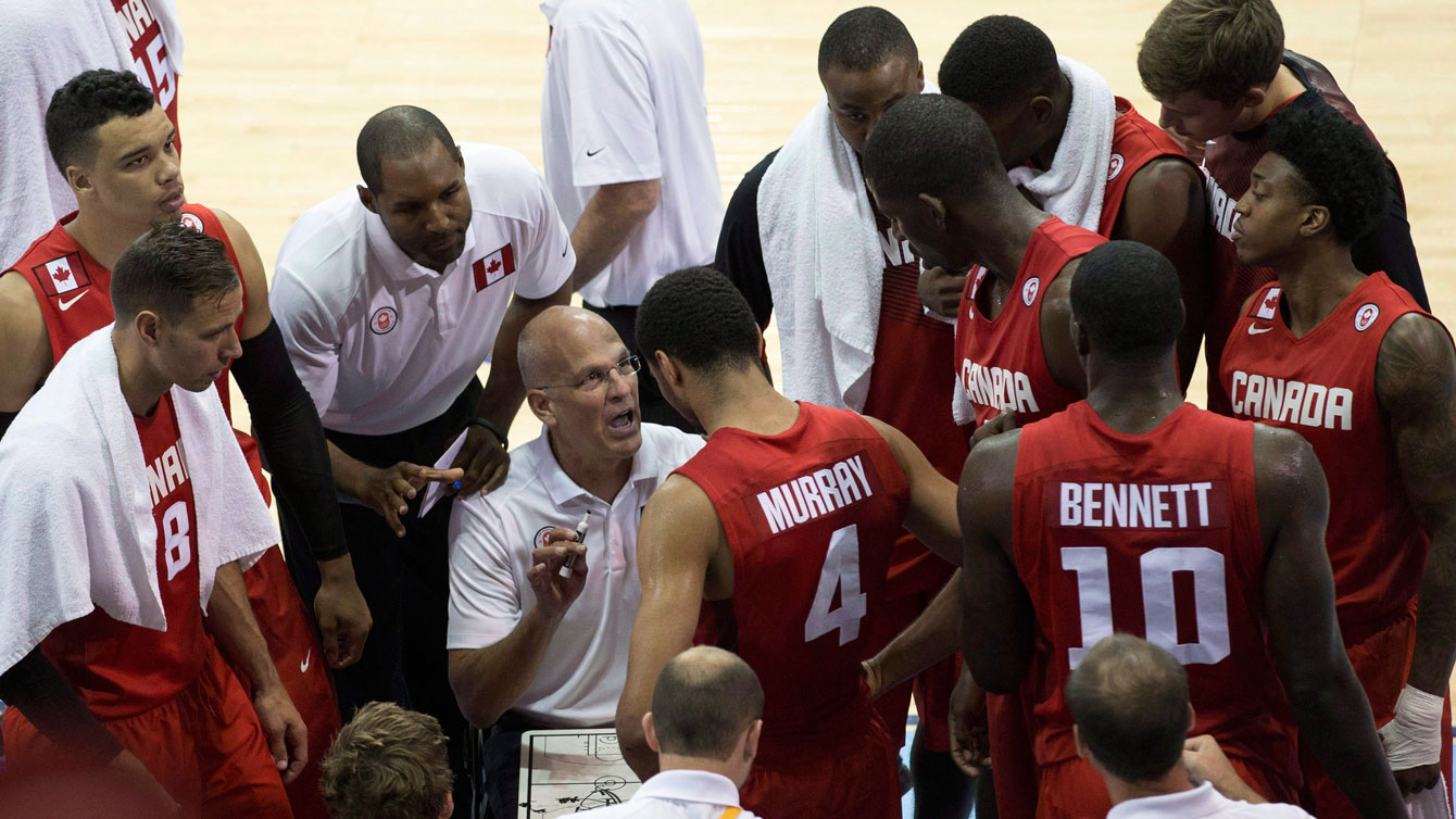 Head coach Jay Triano speaks with his team during the semifinals of TO2015 Pan Am Games on July 24, 2015. 