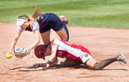 United States shortstop Kellie Fox gets the force out at second base on Canadian Larissa Franklin