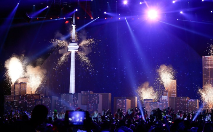 Canada Pan Am Games Closing Fireworks go of from a model of the Toronto skyline on the stage of the closing ceremony of the Pan Am Games