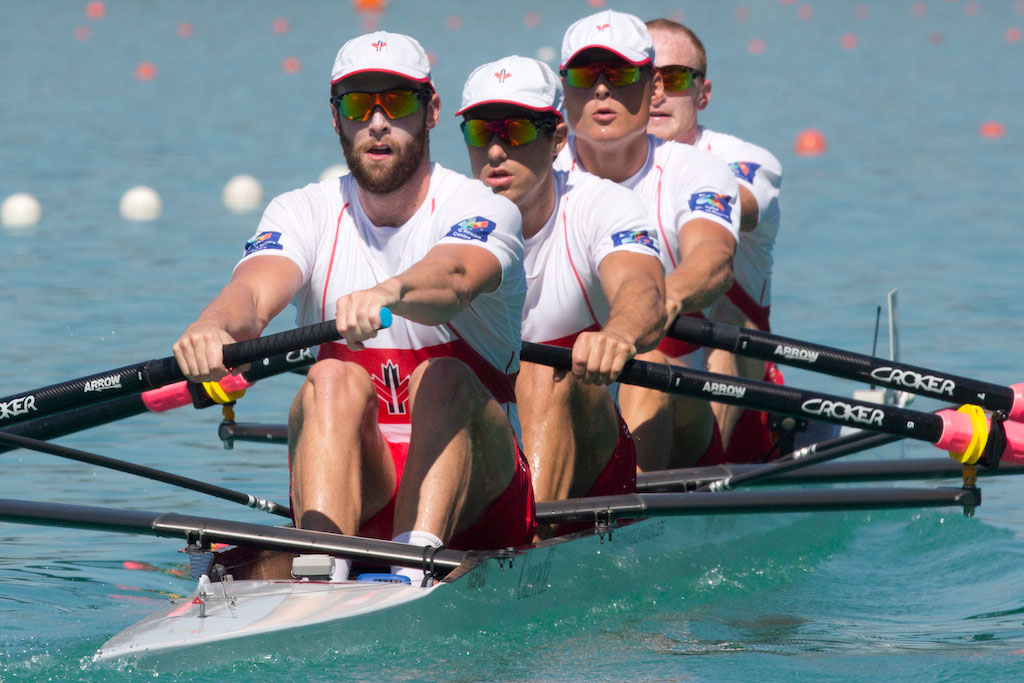 The men's four - Will Crothers, Conlin McCabe, Tim Schrijver and Kai Langerfeld - in Aiguebelette at the 2015 World Rowing Championships (Photo: Katie Steenman Images).