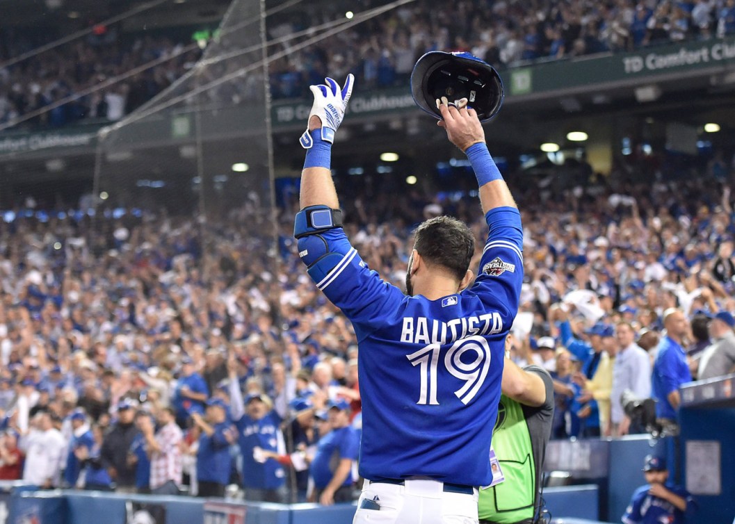 Jose Bautista's curtain call following his game-winning three-run home run that clinched the ALDS for the Blue Jays in a 6-3 win over the Texas Rangers.