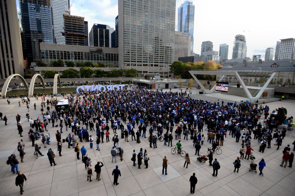 A huge crowd gathered in Nathan Phillips Square to watch Game 5. Mayor Tory announced they will be putting up a bigger screen for the ALCS.