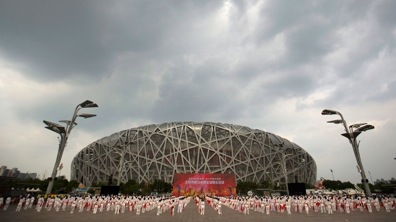 Wide shot of Birds Nest stadium in Beijing 