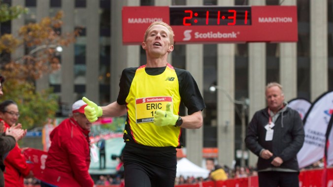 Eric Gillis finishes at the Toronto Waterfront Marathon on October 18, 2015.