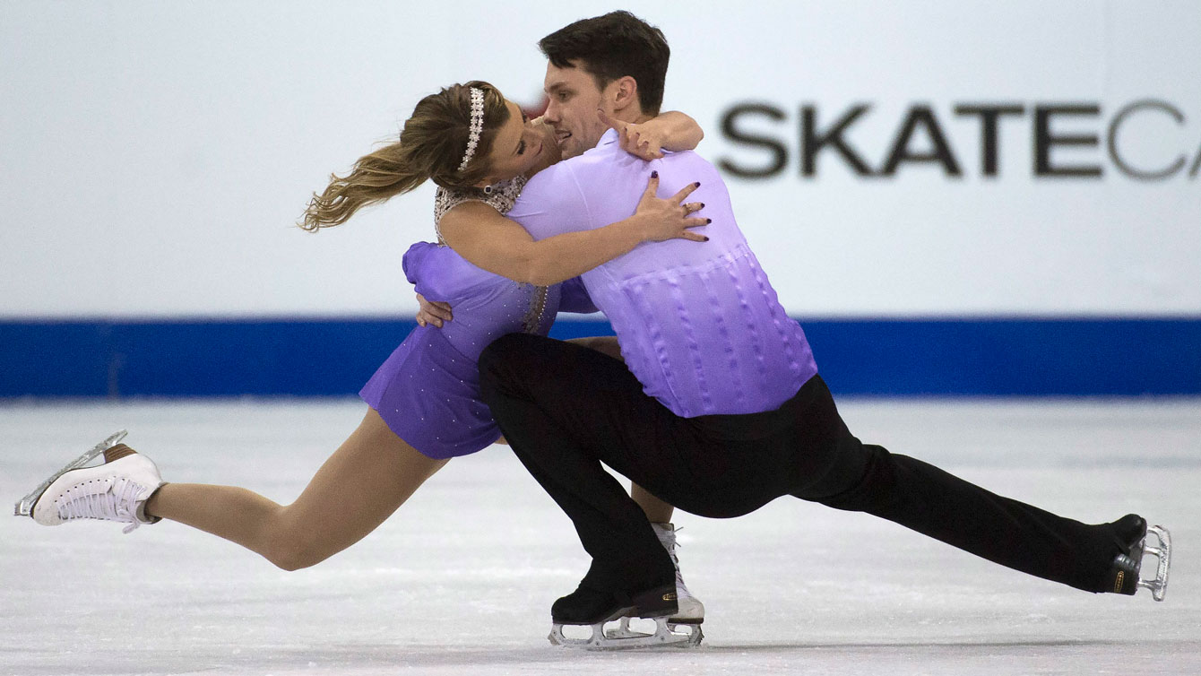 Kirsten Moore-Towers and Michael Marinaro during their pairs free program at Skate Canada International on October 31, 2015. 