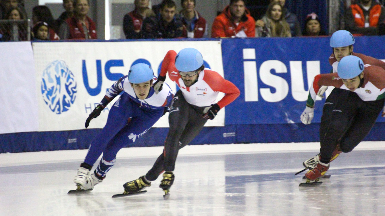 Charles Hamelin powers his way to World Cup series victory in the second 500m race in Toronto on November 8, 2015. Teammate Sam Girard won the first one a day earlier. 