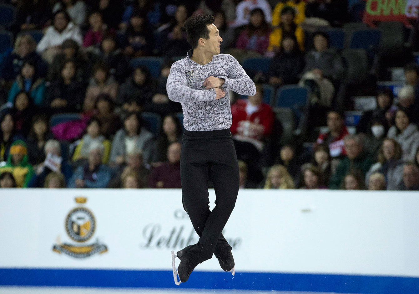 Patrick Chan delivers one of his elements during the free skate in Lethbridge, on way to winning Skate Canada International on October 31, 2015. 