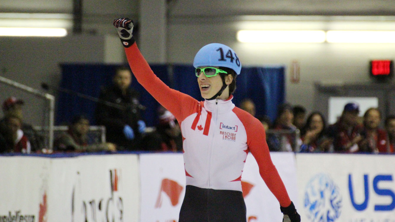 Charle Cournoyer celebrates his 1000m World Cup gold in Toronto on November 8, 2015. 