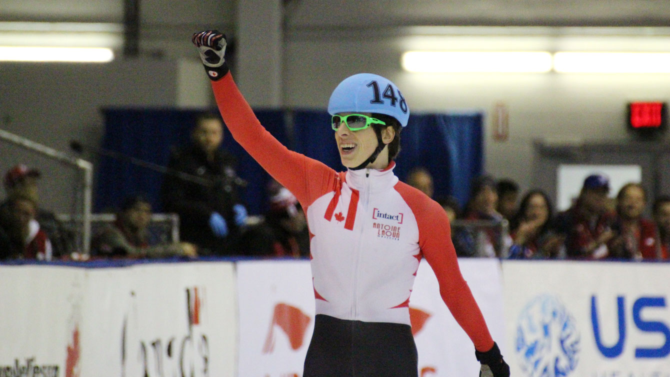 Charle Cournoyer celebrates his 1000m World Cup gold in Toronto on November 8, 2015.