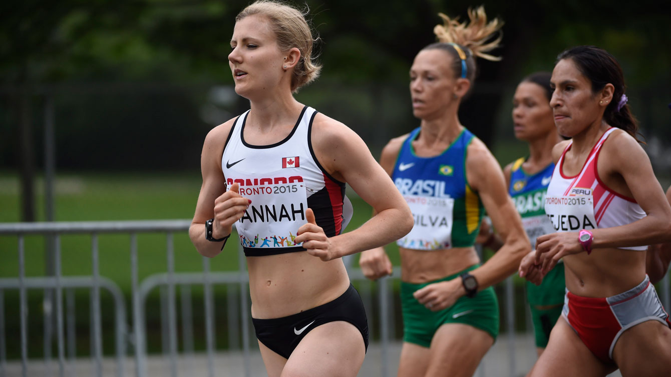 Rachel Hannah in the Toronto Pan Am Games women's marathon on July 18, 2015. Hannah finished fourth on the day, but was upgraded to bronze due to a doping disqualification to Gladys Tejada of Peru.