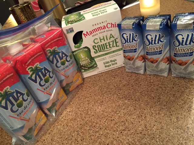 Coconut water for daily training sessions. Almond milk for cereal and oatmeal in the mornings. Chia snack pack is high in omega-3, fibre and protein but also contains kale and spirulina for organic greens.