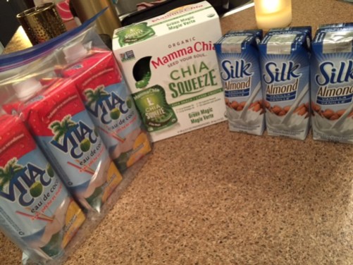 Coconut water Coconut water for daily training sessions. Almond milk for cereal and oatmeal in the mornings. Chia snack pack is high in omega-3, fibre and protein but also contains kale and spirulina for organic greens.