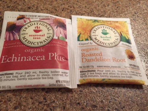 Echinacea and dandelion root tea Echinacea tea to prevent any chance of getting sick on the road and dandelion root tea to have in the morning as a small detox
