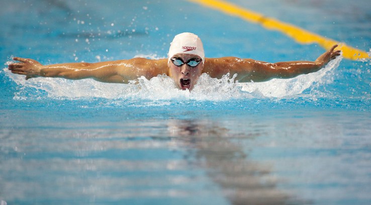 Alec Page competes in the 200m butterfly preliminary on July 14, 2015 at the Toronto 2015 Pan Am Games. Page finished fourth in the final, and was later bumped up to bronze due to a doping infraction to silver medallist Mauricio Fiol of Peru.