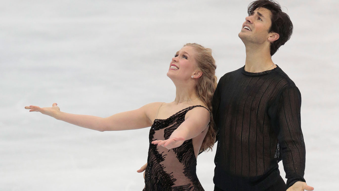 Kaitlyn Weaver and Andrew Poje at the end of their free dance at ISU Grand Prix in Moscow on November 21, 2015. 