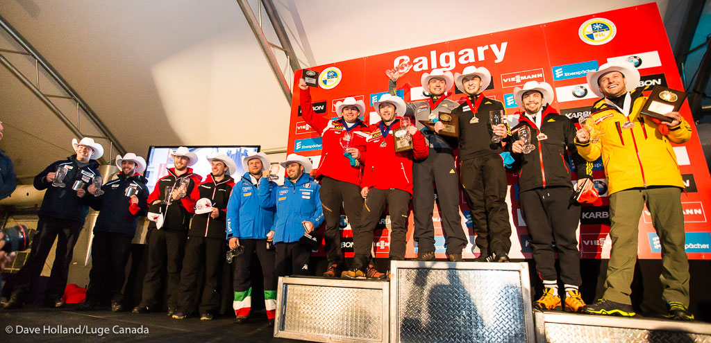 The second duo from left, Tristan Walker and Justin Snith just off the Luge World Cup doubles podium after fifth place in Calgary on December 18, 2015.