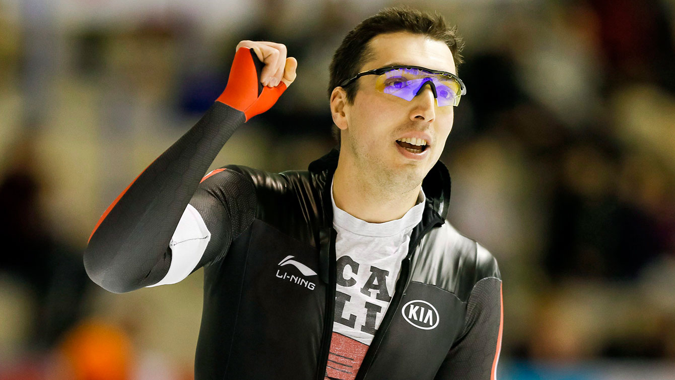 Alex Boisvert-Lacroix of Canada pumps his fist after skating to third place during the men's 500-metre competition at the ISU World Cup speed skating event in Calgary, Alta., Sunday, Nov. 15, 2015. THE CANADIAN PRESS/Lyle Aspinall