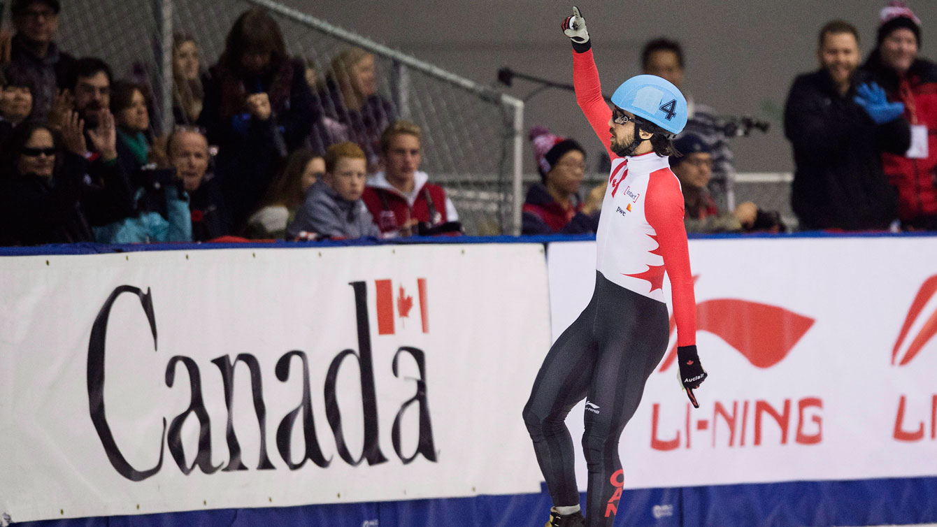 Charles Hamelin celebrates winning the 500m in the first-ever Toronto ISU World Cup stop in short track speed skating on November 8, 2015.