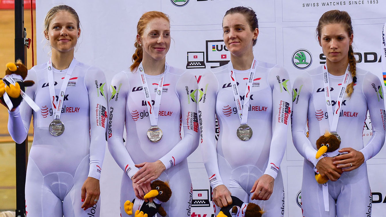 (L-R) Kirsti Lay, Allison Beveridge, Laura Brown and Jasmin Glaesser on the podium in Cambridge, New Zealand following UCI Track World Cup silver on December 5, 2015 (Photo: Rob Jones/Canadian Cyclist). 
