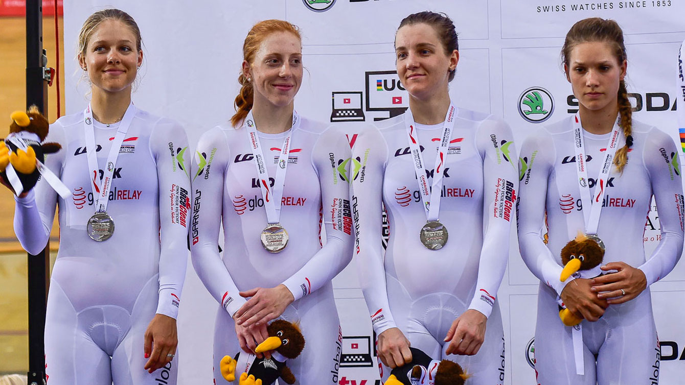 (L-R) Kirsti Lay, Allison Beveridge, Laura Brown and Jasmin Glaesser on the podium in Cambridge, New Zealand following UCI Track World Cup silver on December 5, 2015 (Photo: Rob Jones/Canadian Cyclist).