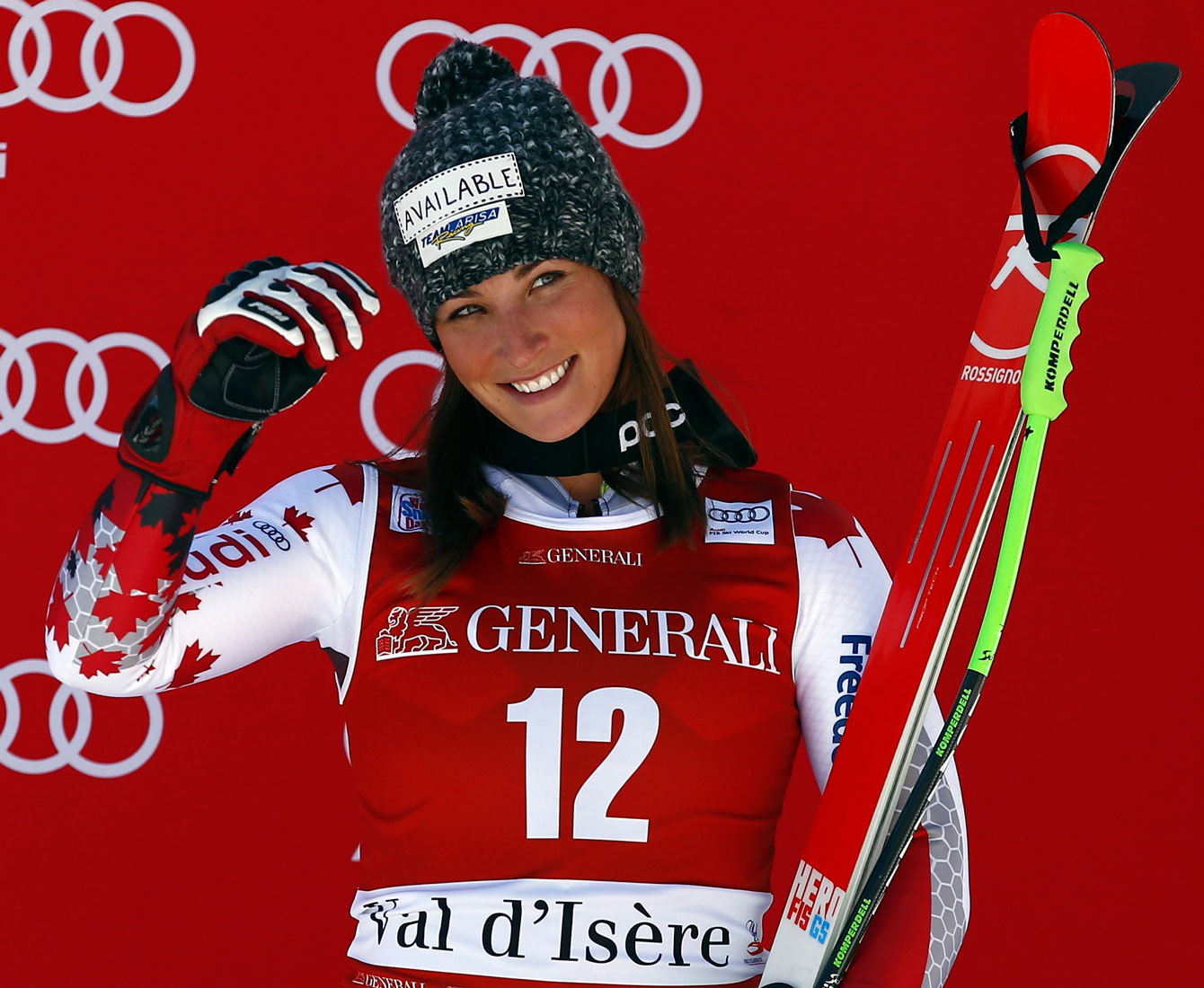 Larisa Yurkiw celebrates on the World Cup podium in Val d'Isere, France after a downhill third place finish on December 19, 2015.