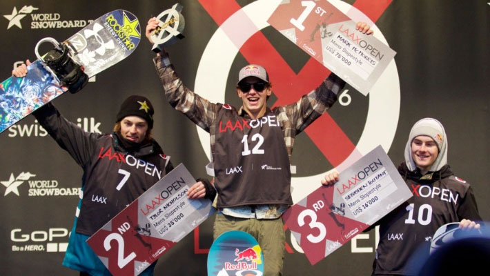 Mark McMorris (centre), Tyler Nicholson (left) and Seb Toutant complete a Canadian podium sweep at Laax Open in Switzerland on January 23, 2016 (Photo: Chris Witwicki via Snowboard Canada). 