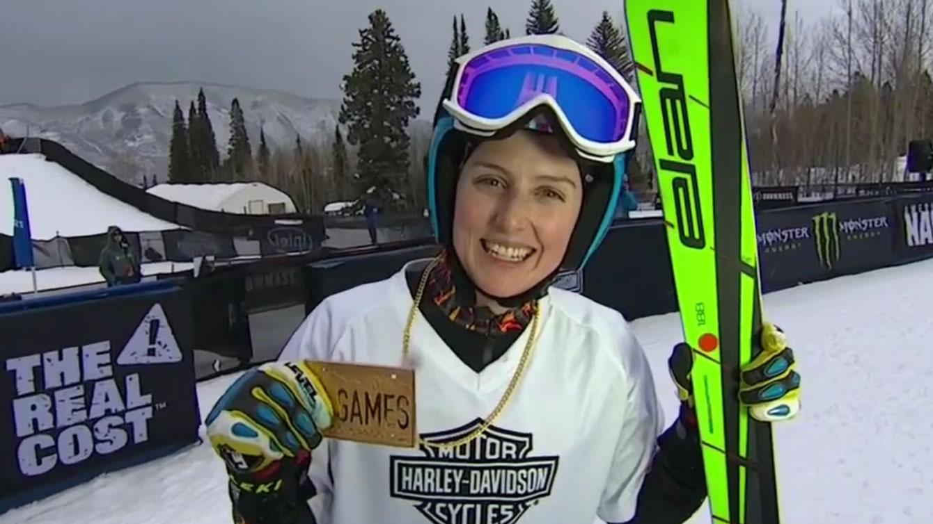 Kelsey Serwa holds her X Games gold after winning women's skier x (ski cross) event on January 30, 2016.