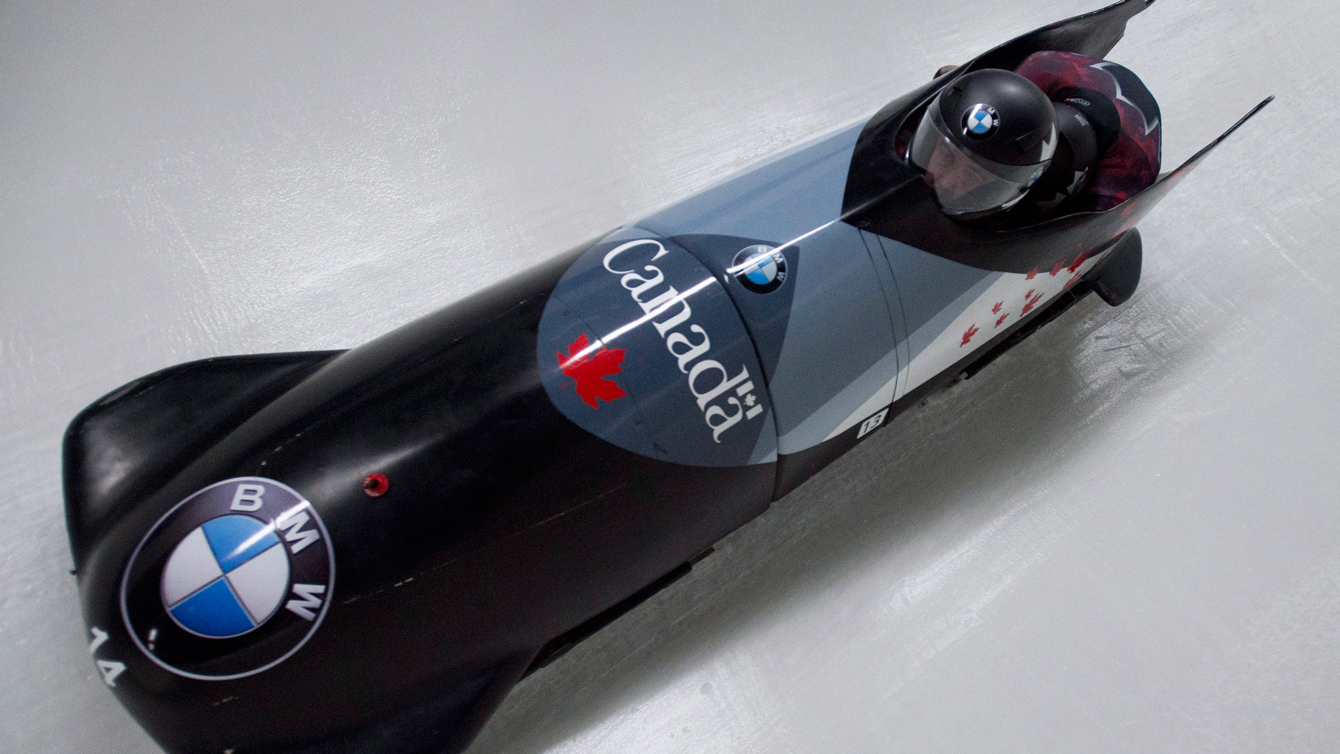 Chris Spring and Lascelles Brown of Canada during the first run of two-man bobsleigh at the IBSF World Cup in Whistler, B.C.