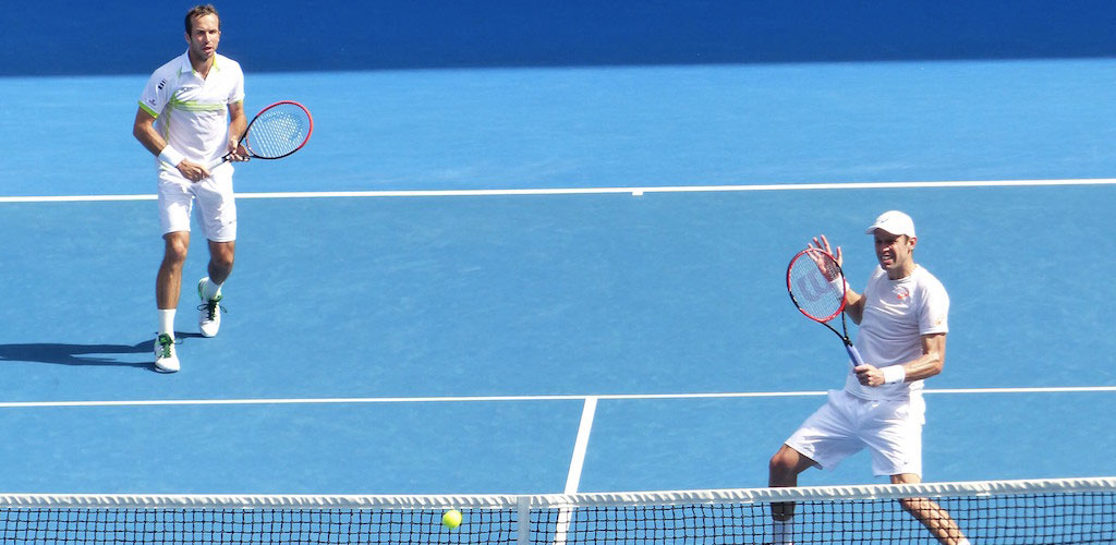 Daniel Nestor (at the net) and Radek Stepanek in the 2016 Australian Open men's doubles tournament (Photo: Tennis Canada). 