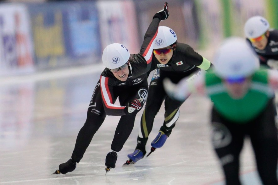 Speed skaters competing in the mass start event