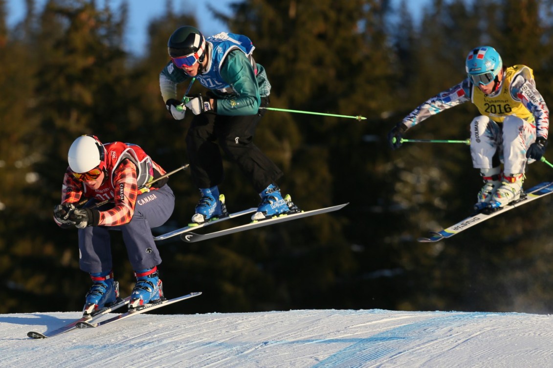 (From L) Reece Howden CAN, Louis Muhlen AUS and Matteo Lucatelli FRA compete during the Men's Ski Cross finals at the Hafjell Freepark during the Winter Youth Olympic Games, Lillehammer Norway, 15 February 2016. Photo: Arnt Folvik for YIS/IOC Handout image supplied by YIS/IOC