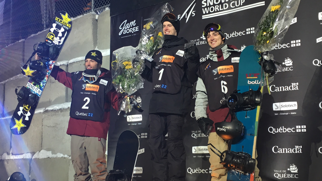 Max Parrot, first (centre) and Tyler Nicholson, second (left) celebrate on the FIS World Cup big air podium on Feb. 13, 2016.