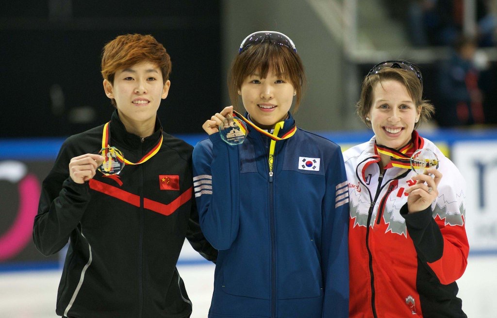 Marianne St-Gelais celebrates her 1000m gold medal at the ISU World Cup in Dresden, Germany on February 6, 2016. Photo: ISU World Cup Short Track