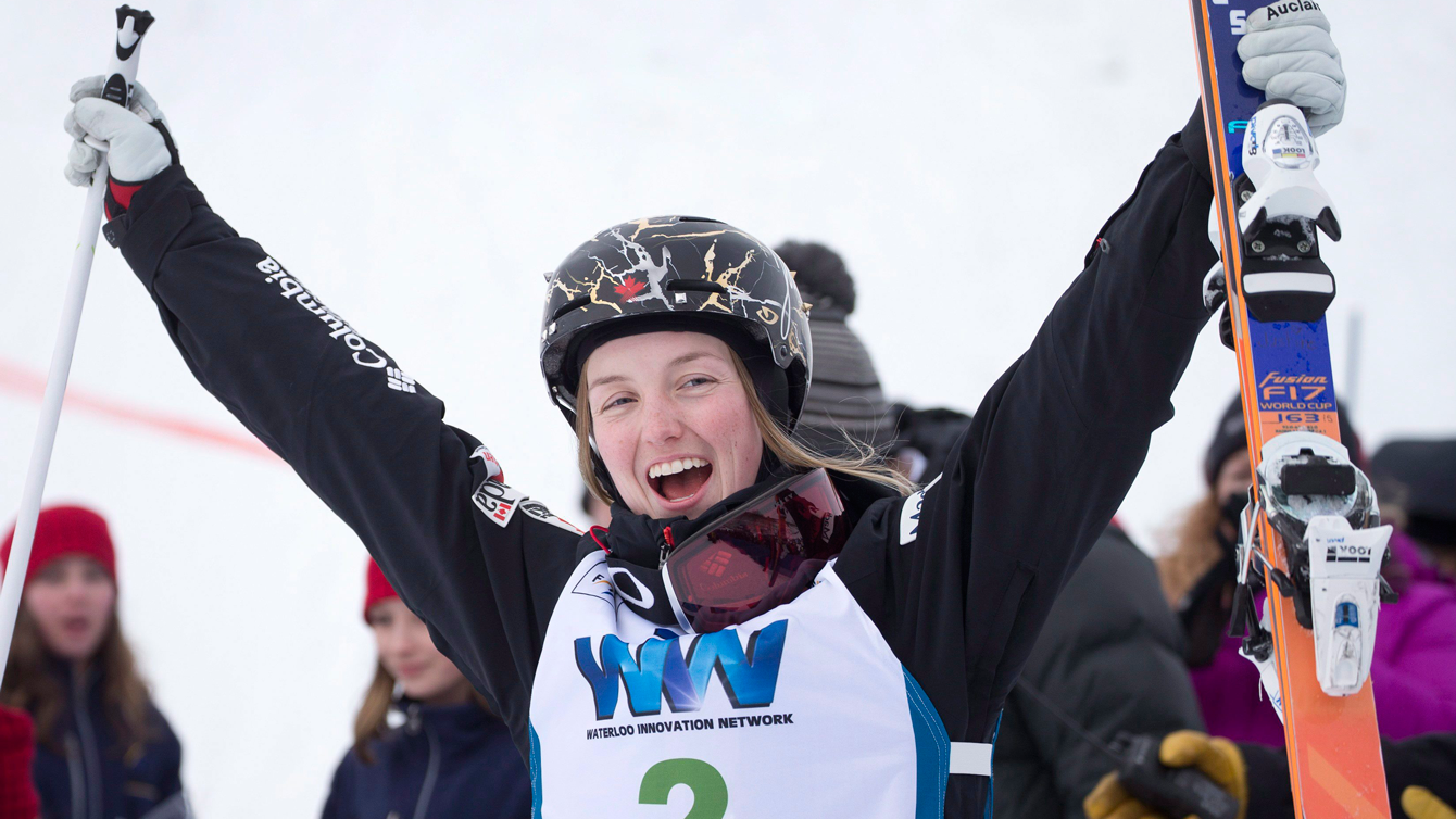 Justine Dufour-Lapointe celebrates at a World Cup in Calgary on January 30, 2016. 