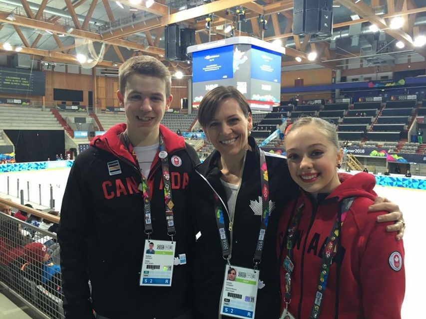 Chef de Mission Isabelle Charest with figure skaters Mathieu Ostiguy and Justine Brasseur at the 2016 Winter Youth Olympic Games